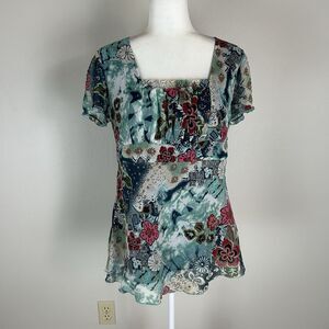 Y2K Fairy Tunic Top Mermaid Babydoll Size M Chiffon Floral Glitter Blouse Blue